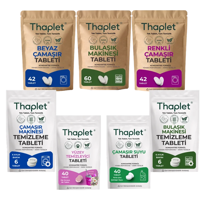 Thaplet Avantajlı Büyük Set - Çamaşır Makinesi ve Bulaşık Makinesi Tabletleri + Makine Bakım Tabletleri + Çamaşır Suyu ve Yüzey Temizleyici Tabletleri