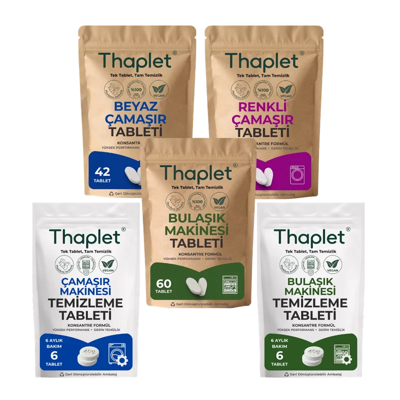 Thaplet Avantajlı 5li Set Beyaz ve Renkli Çamaşır Deterjanı Tableti ve Bulaşık Makinesi Tableti + Çamaşır ve Bulaşık Makine Bakım Tabletleri